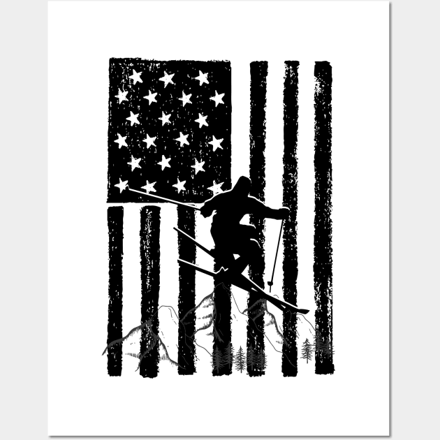 Vintage Skiing Us Flag Wall Art by JustBeSatisfied